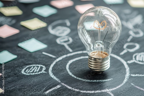A light bulb sits on a chalkboard surrounded by colorful sticky notes, representing creativity and brainstorming.