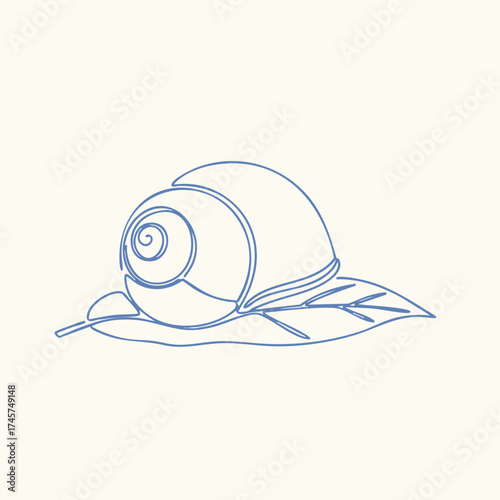 Minimalist line drawing of a snail with a coiled shell resting on a leaf, emphasizing simplicity and elegance in monochrome style