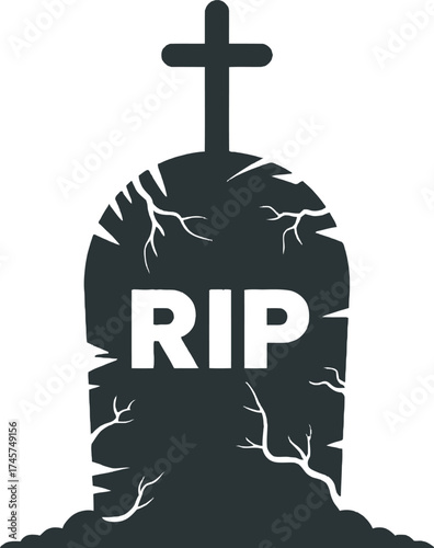 Black tombstone with rip inscription and cross halloween design on transparent background silhouette