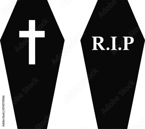 Two black coffins with cross and rip inscription on transparent background silhouette