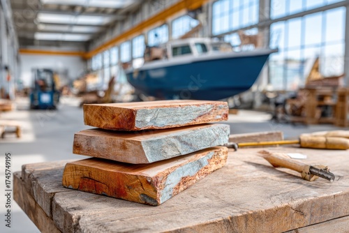 Eco-friendly composite materials displayed in a workshop with a boat in the background
