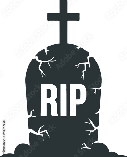 Dark tombstone with rip inscription and cross on transparent background silhouette