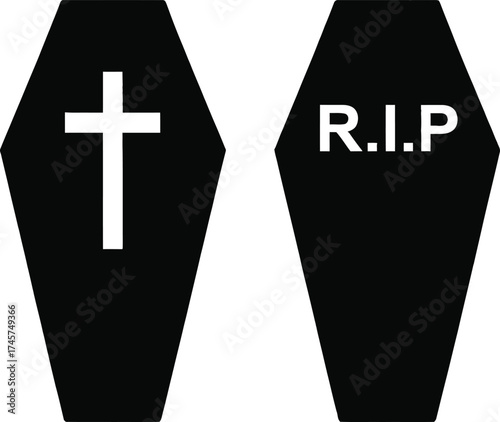Two black coffins with religious symbols and text on transparent background silhouette