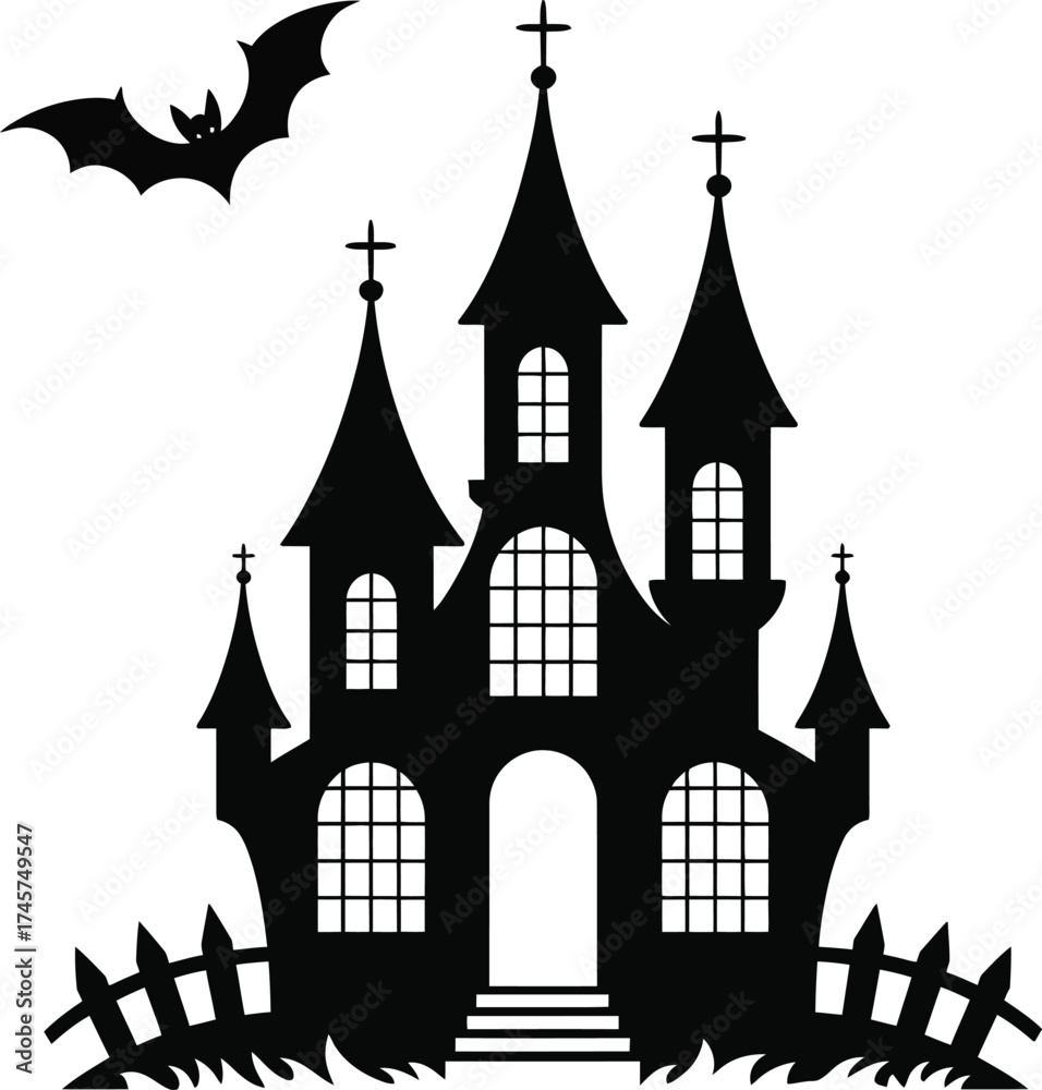 Obraz premium Spooky haunted castle with bats and a graveyard on transparent background silhouette