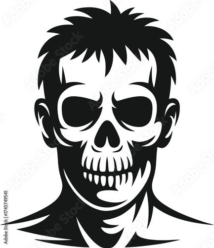 Detailed skull face with textured hair a striking design on transparent background silhouette