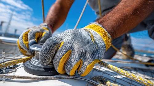 Sailor adjusts winch system on catamaran under bright blue sky during sunny day
