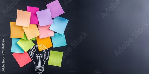 A collection of colorful sticky notes arranged around a light bulb sketch on a chalkboard background, symbolizing ideas and creativity.