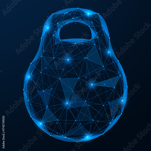 Digital power. A kettlebell made in the style of a wire mesh of lines and dots. The concept of strength, energy and sustainability.