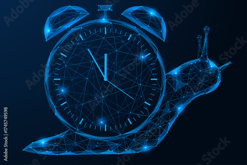 Digital slow time. A snail that has an alarm clock instead of a shell. The concept of a balance between the speed of technology and the natural rhythm of life. Polygonal design, blue background.