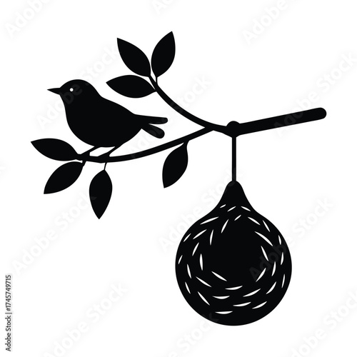 White Background Illustration of Babui Weaver Bird in Flat Vector Silhouette, Clean Design