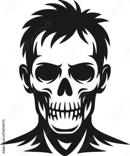 Detailed skull head graphic with textured hair perfect for design on transparent background silhouette