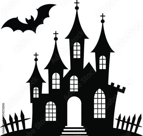 Spooky haunted castle with a flying bat perfect for halloween on transparent background silhouette