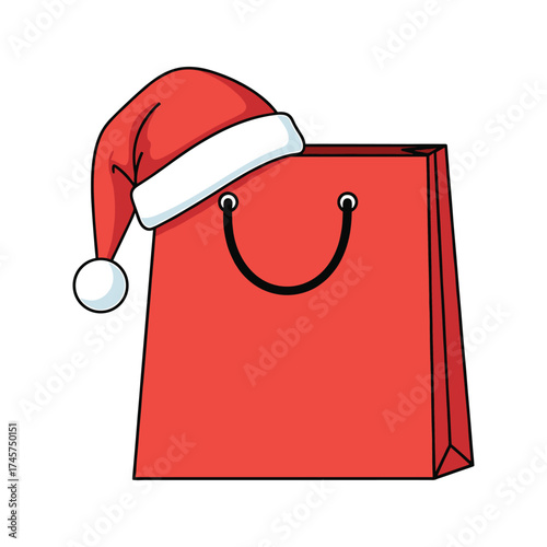 Red Christmas Shopping Bag with Santa Hat on White Background Keywords: Christmas, shopping bag