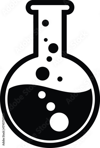 Simple black flask with bubbling liquid perfect for science designs on transparent background silhouette
