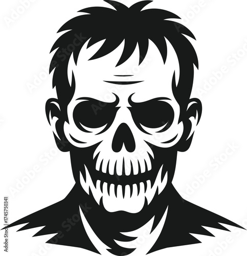 Detailed skull face with hair and shoulders dramatic design on transparent background silhouette