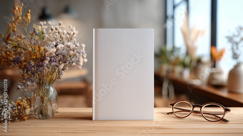 A blank white book cover on a wooden table with a blurred cozy room background, minimalistic and ideal for book mockups.