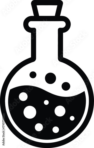 Simple black flask with liquid and bubbles ideal for science on transparent background silhouette