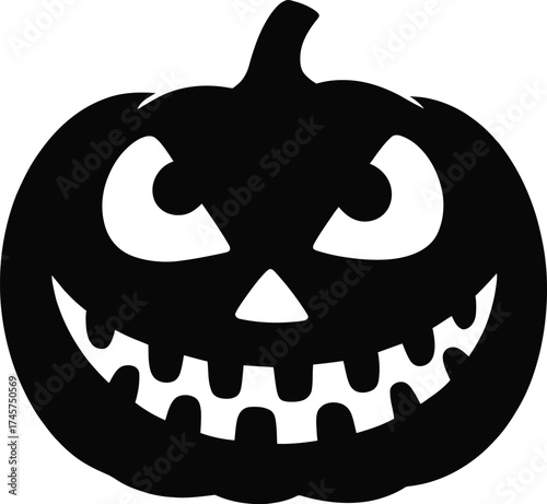 Black halloween pumpkin carving with a spooky face on transparent background silhouette