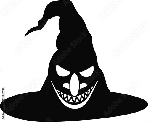 Creepy halloween witch hat with a scary face on transparent background silhouette
