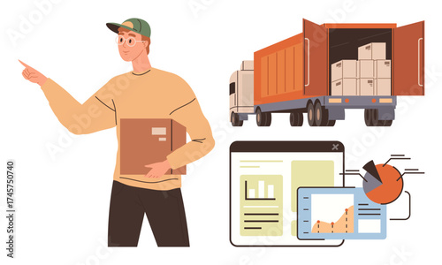 Delivery worker holding package, pointing to freight truck loaded with boxes, analytics dashboard with graphs. Ideal for logistics, transportation, delivery, supply chain, warehouse, data analysis