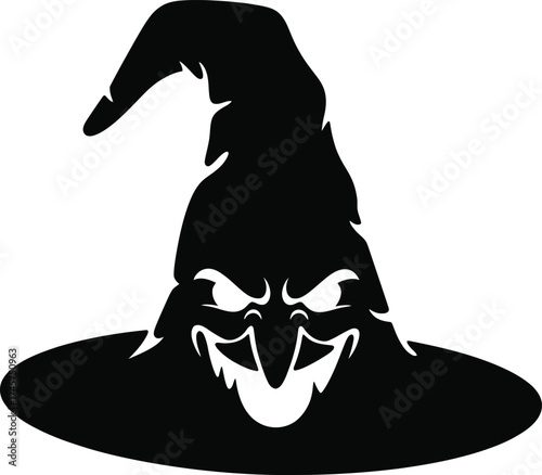 Black witch hat with a sinister grin spooky halloween design on transparent background silhouette