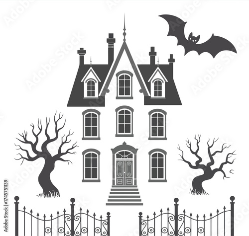 Spooky haunted house with bat and bare trees on transparent background silhouette
