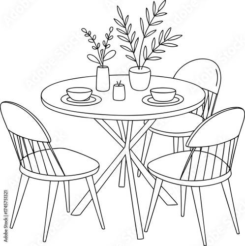 Cozy dining set four chairs round table plants vases interior scene vector
