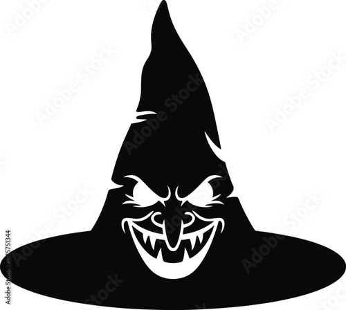 Creepy witch hat with a wicked grin on transparent background silhouette