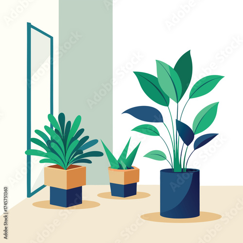 Tall potted plants arranged in a bright room corner vector