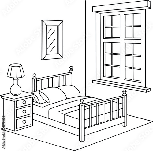 Cozy bedroom scene with bed nightstand lamp and window illustration vector
