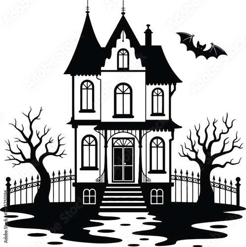 Spooky haunted house with bats and bare trees on transparent background silhouette