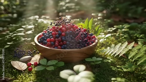 Vibrant assortment of fresh summer berries glistening with morning dew drops in a rustic outdoor setting with golden sunlight