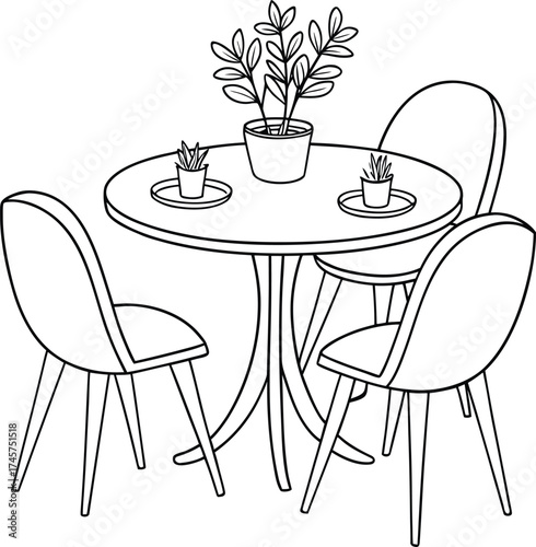 A dining table with four chairs and plants simple line drawing vector