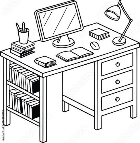 Desk with computer books lamp and storage providing essential workspace elements vector