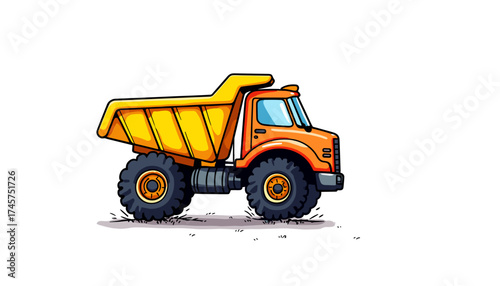 Orange dump truck illustration with yellow bed on white background  