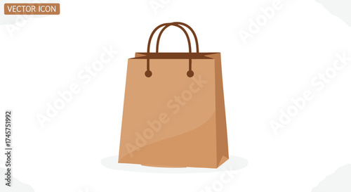 Brown paper shopping bag with handles isolated on a white background. Vector 3D illustration for retail and packaging design