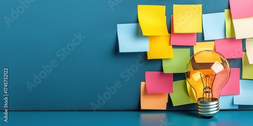 A light bulb sits next to colorful sticky notes on a blue background, symbolizing creativity, ideas, and brainstorming.