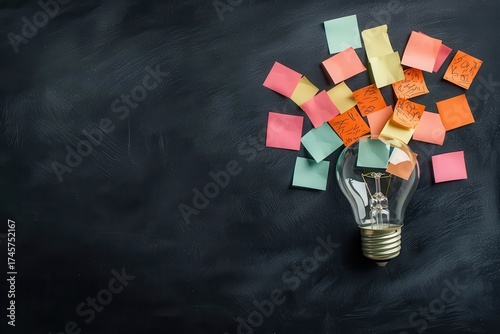 A light bulb surrounded by colorful sticky notes on a black surface, symbolizing creativity and brainstorming ideas.