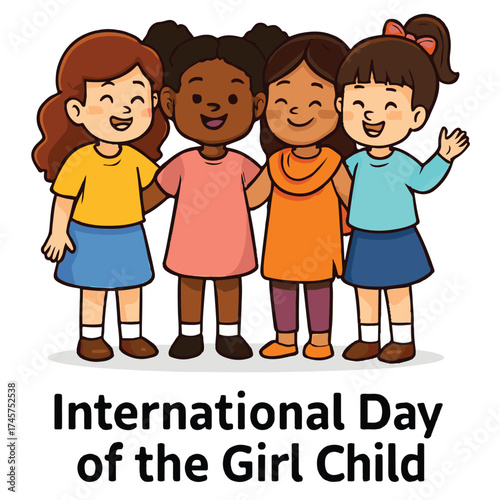International Day of the Girl Child Cartoon | Diverse Girls Holding Hands Illustration