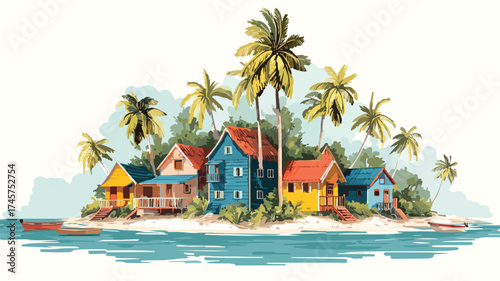 Tropical Island Paradise Illustration with Vibrant Colors