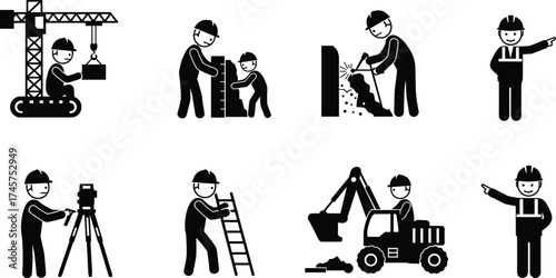 Construction worker icons set, flat vector silhouettes for building sites, engineering, architecture, safety, labor, and industrial design projects