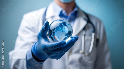 Doctor holding glass globe symbolizing global health and medicine