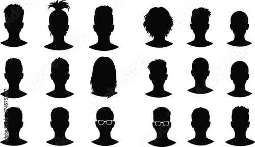 Diverse human head silhouettes with varied hairstyles and glasses, flat vector icons for avatars, UI design, identity, inclusivity, and user interface projects