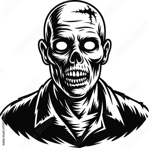 Detailed zombie head illustration in monochrome ideal for halloween on transparent background silhouette