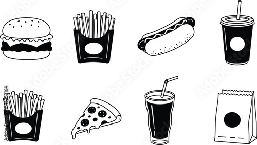 Fast food icons set, flat vector illustrations of burger, fries, hot dog, soda, pizza, and takeout for menus, apps, ads, and restaurant design