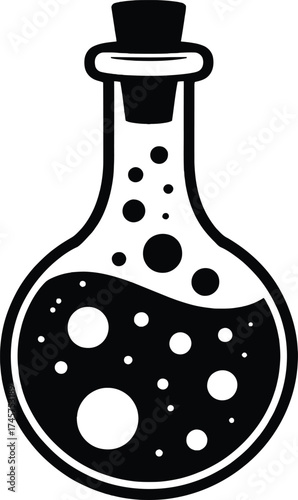 Vintage potion bottle with bubbles black silhouette on transparent background