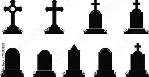 Gravestone silhouette set, tombstone icons, black vector illustration, cemetery symbols, cross headstones, flat design, side view, cad drawing