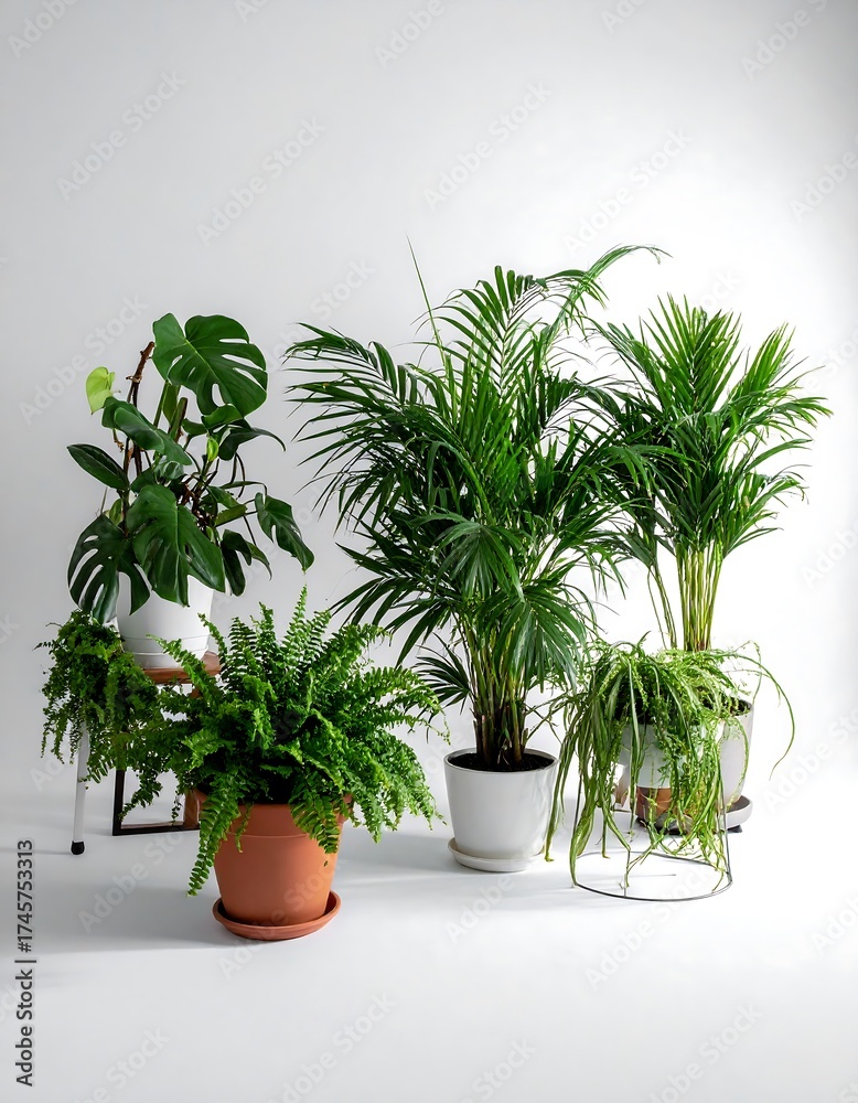 Fototapeta premium Group of various houseplants in white pots