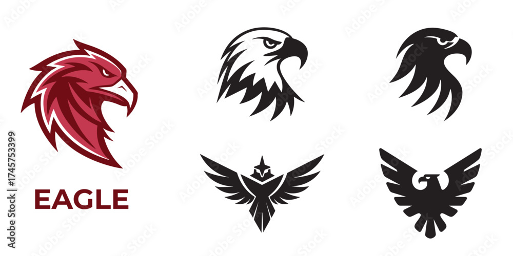 Obraz premium Majestic eagle icon set featuring diverse styles for branding and design projects.