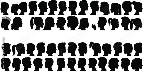 Human head silhouette vector, diverse hairstyle profile collection, male female side view, black icon set, cad drawing flat vector illustration